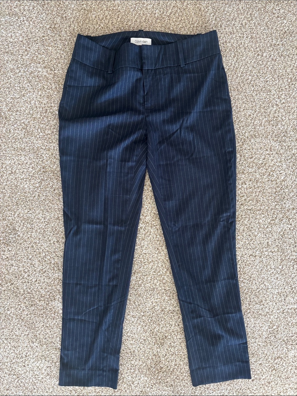 Calvin Klein Dark Blue Pinstripe Tapered Dress Pants